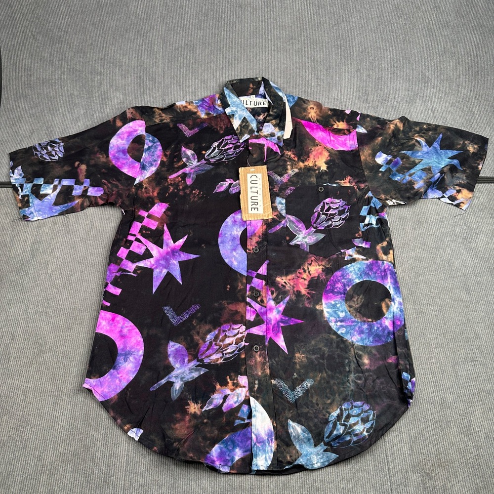 Modern Culture Mens S Tie Dye Graphic Button Up Shirt Short Sleeve Rayon Black